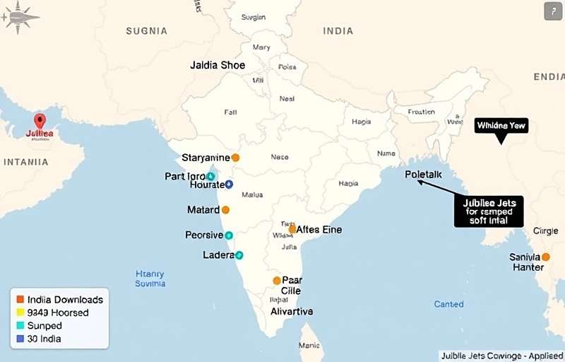 Jubilee Jets Popularity Heatmap in India Map of India showing Jubilee Jets download hotspots across major cities with color coding