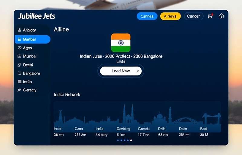 Jubilee Jets Management Interface with Indian Cities Jubilee Jets airline management interface showing Indian cities network including Mumbai, Delhi, Bangalore