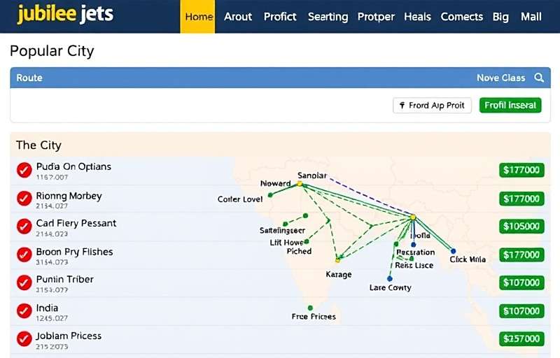 Jubilee Jets Route Planning with Profit Metrics Jubilee Jets route planning interface showing popular Indian city routes with profit indicators