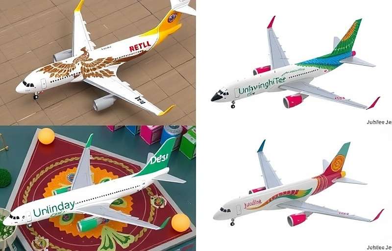 Jubilee Jets Aircraft Fleet with Desi Designs Jubilee Jets aircraft collection showing various planes including Desi Jets with rangoli and peacock designs