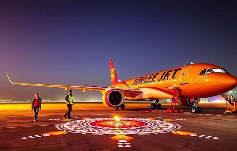 Jubilee Jets Diwali Celebration Event Jubilee Jets Diwali event showing illuminated airport with diyas and special golden aircraft with rangoli designs